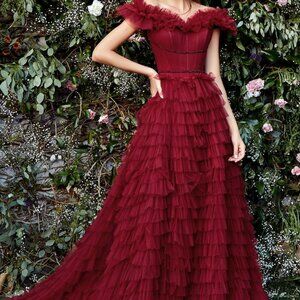 BURGUNDY OFF THE SHOULDER RUFFLE BALL EVENING BRIDAL WEDDING PARTY PROM GOWN